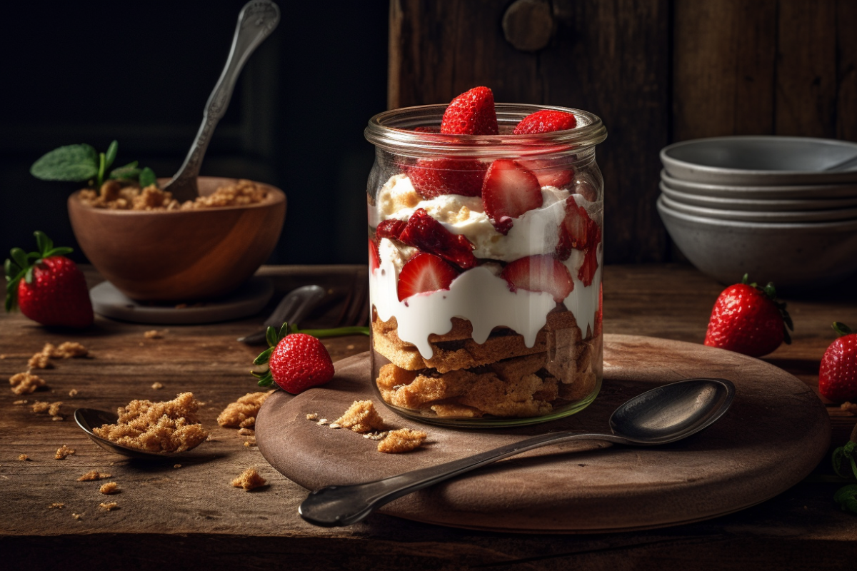 Parfait dessert layered with fresh strawberries, cream, and Strawberry Shortcake Crunchies as a topping