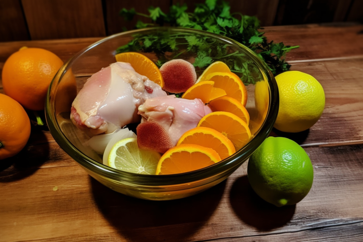 Ingredients for Pollo Asado marinade, featuring citrus fruits, garlic, olive oil, and spices arranged on a wooden table.