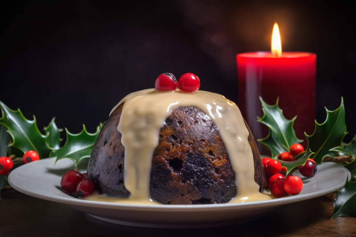 A festive Christmas pudding topped with brandy sauce and set aflame, surrounded by holiday decorations.