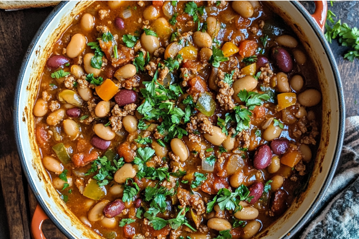 Overhead view of a pot of calico beans with a mix of colorful beans, ground beef, and tangy tomato-based sauce, garnished with parsley