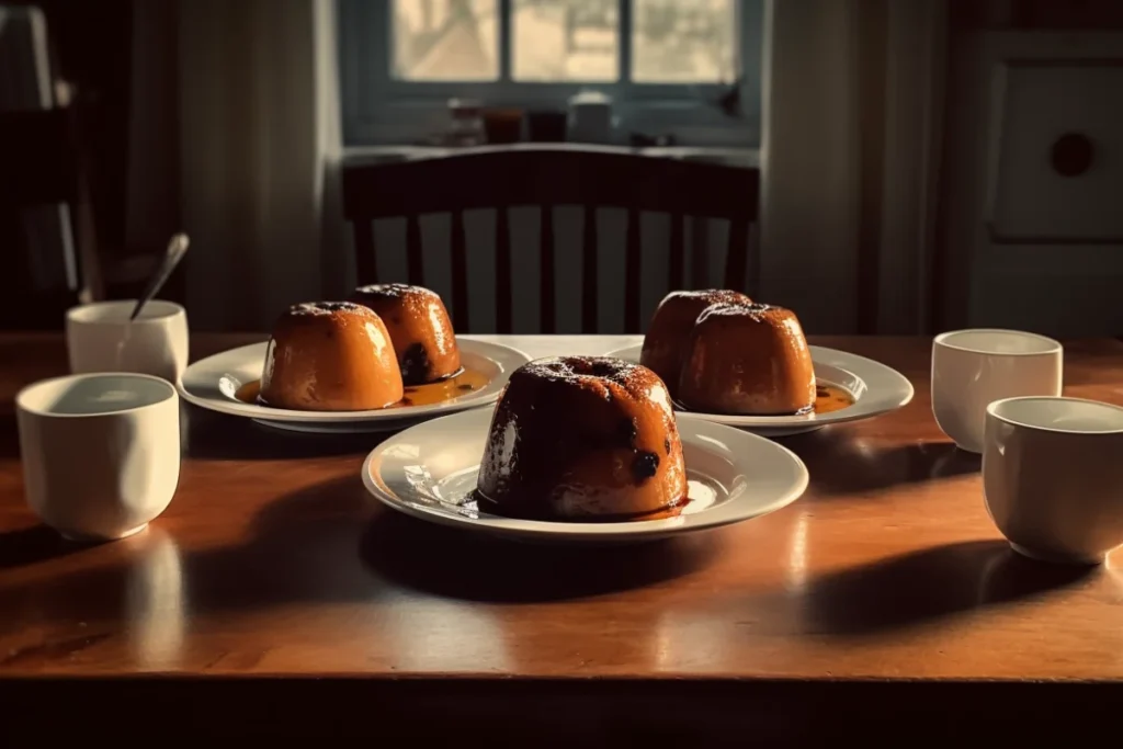 British steamed puddings displayed on a wooden table with warm lighting.