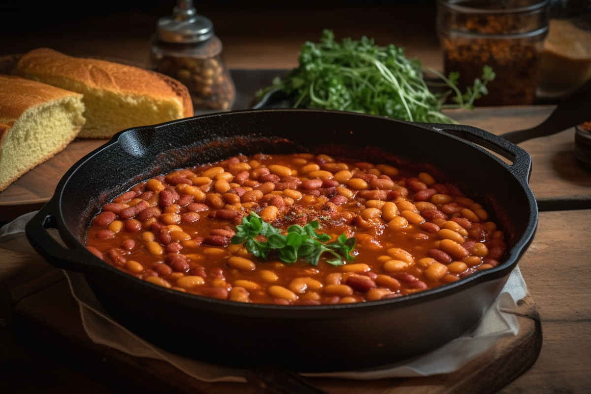 A bowl of baked beans in a cast-iron skillet with cornbread slices on a rustic table.