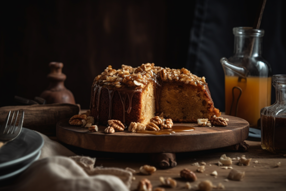 A slice of cake with golden streusel topping, crushed nuts, and caramel drizzle on a rustic wooden table with baking ingredients in the background.