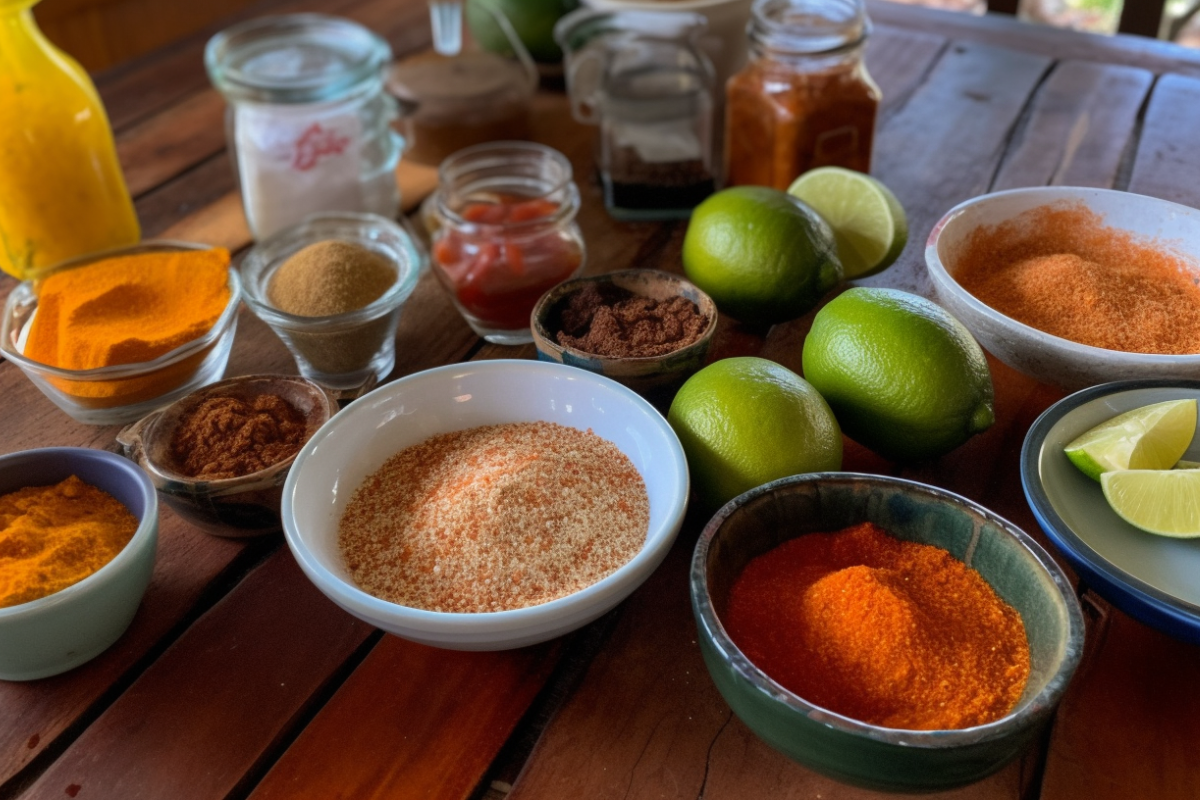 Assorted Pollo Asado spices including chili powder, paprika, garlic, and citrus, arranged on a wooden table with fresh lime and orange slices.