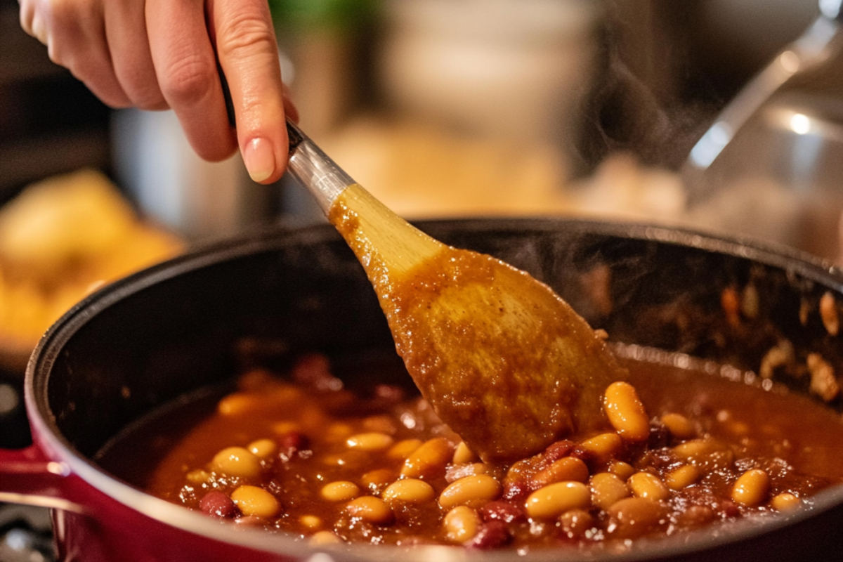 Close-up of a pot of calico beans on a stovetop, showing thickening techniques like mashed beans and roux for a creamy texture.