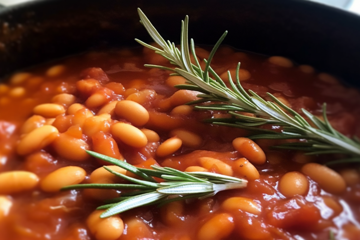 Baked beans simmering in a pot with caramelized onions, diced tomatoes, and fresh rosemary.