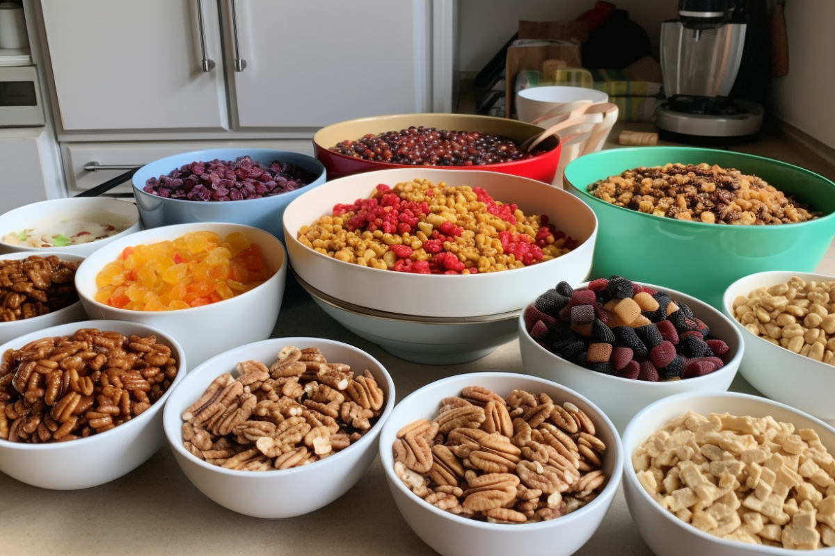 A variety of crunchy cake ingredients like toasted nuts, caramel shards, crushed cookies, and cereal in bowls, with a partially decorated cake in the background.