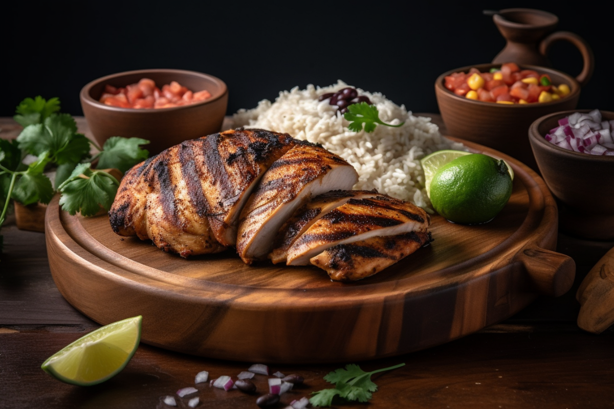 Grilled Pollo Asado chicken with charred marks, served on a wooden platter alongside rice, beans, and fresh salsa.