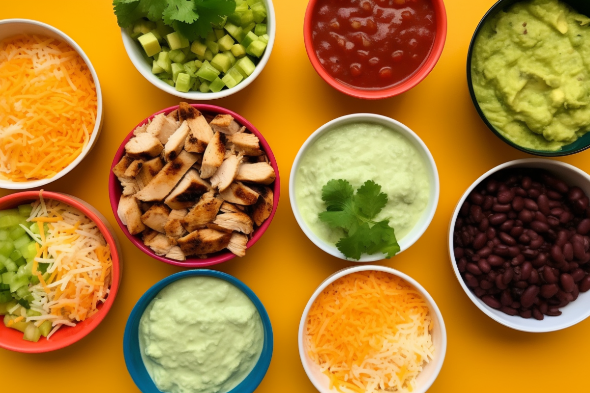 Deconstructed Taco Bell bowl ingredients displayed in small bowls with vibrant Tex-Mex decor.