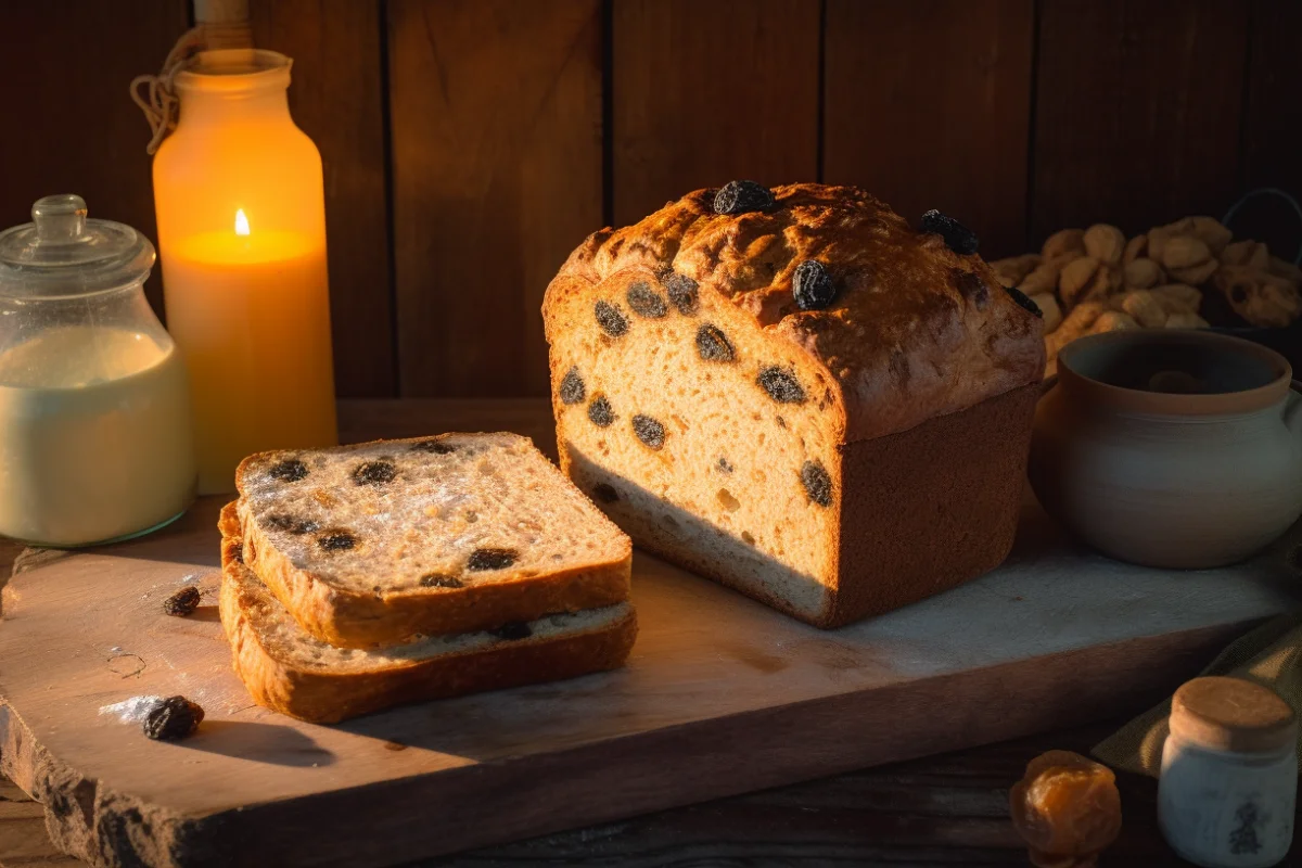 Traditional Irish Spotted Dog bread loaf surrounded by ingredients on a rustic table.