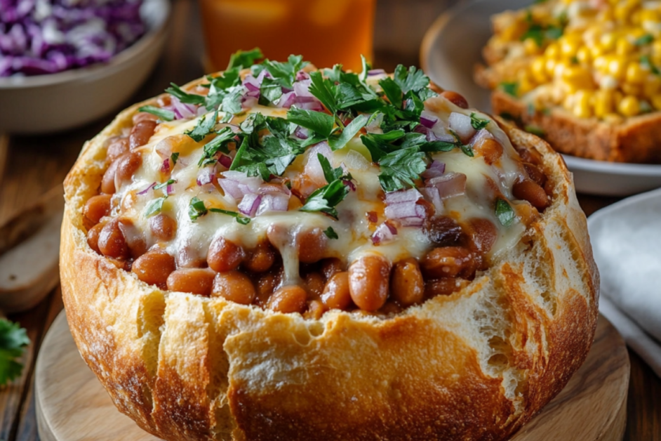 Calico beans served in a bread bowl, topped with melted cheese and fresh herbs, with cornbread and coleslaw on the side