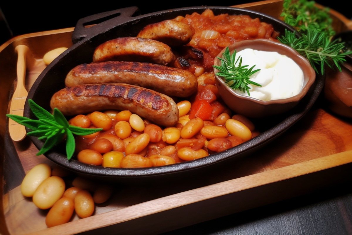 Baked beans served with grilled sausage and roasted vegetables on a rustic plate.