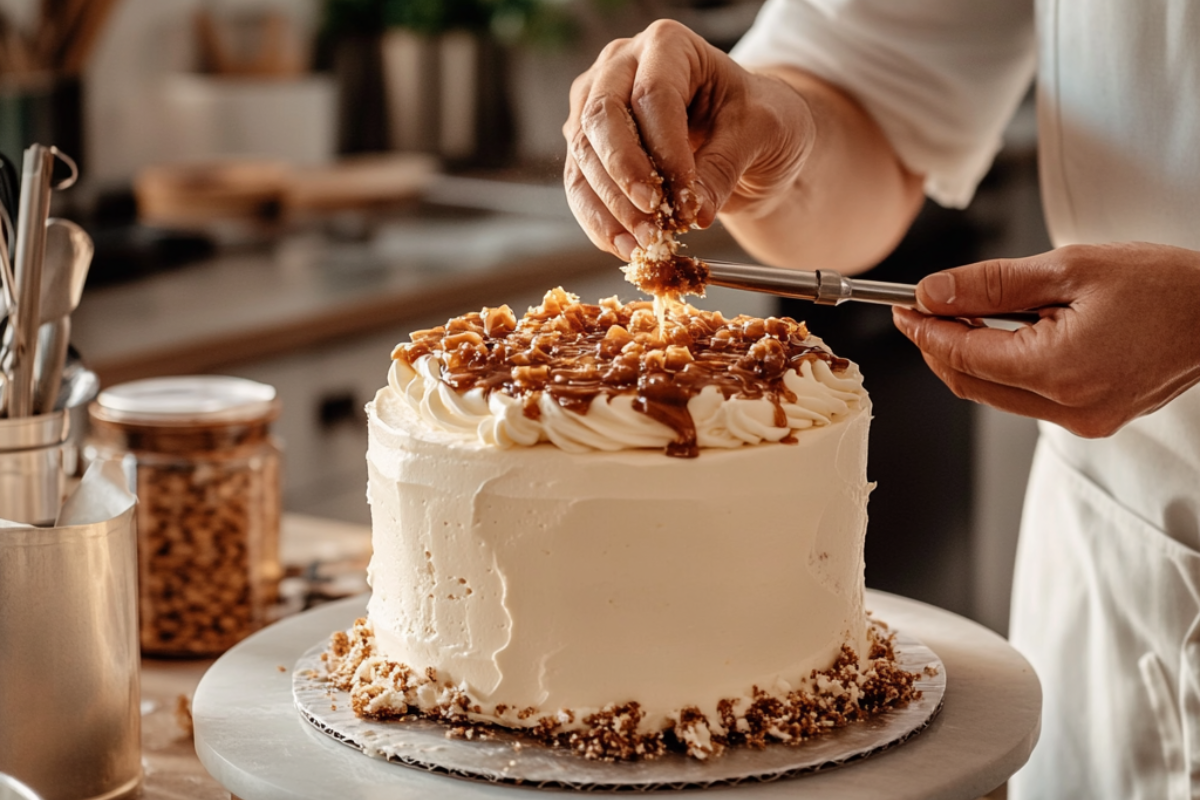 A baker sprinkling caramel shards over a frosted cake with tools like a blowtorch, piping bags, and a baking sheet in a modern kitchen setup