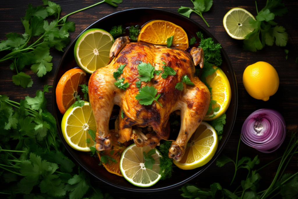 Pollo Asado chicken marinating in a citrus and spice mix, surrounded by fresh lime, cilantro, and garlic on a clean kitchen surface.