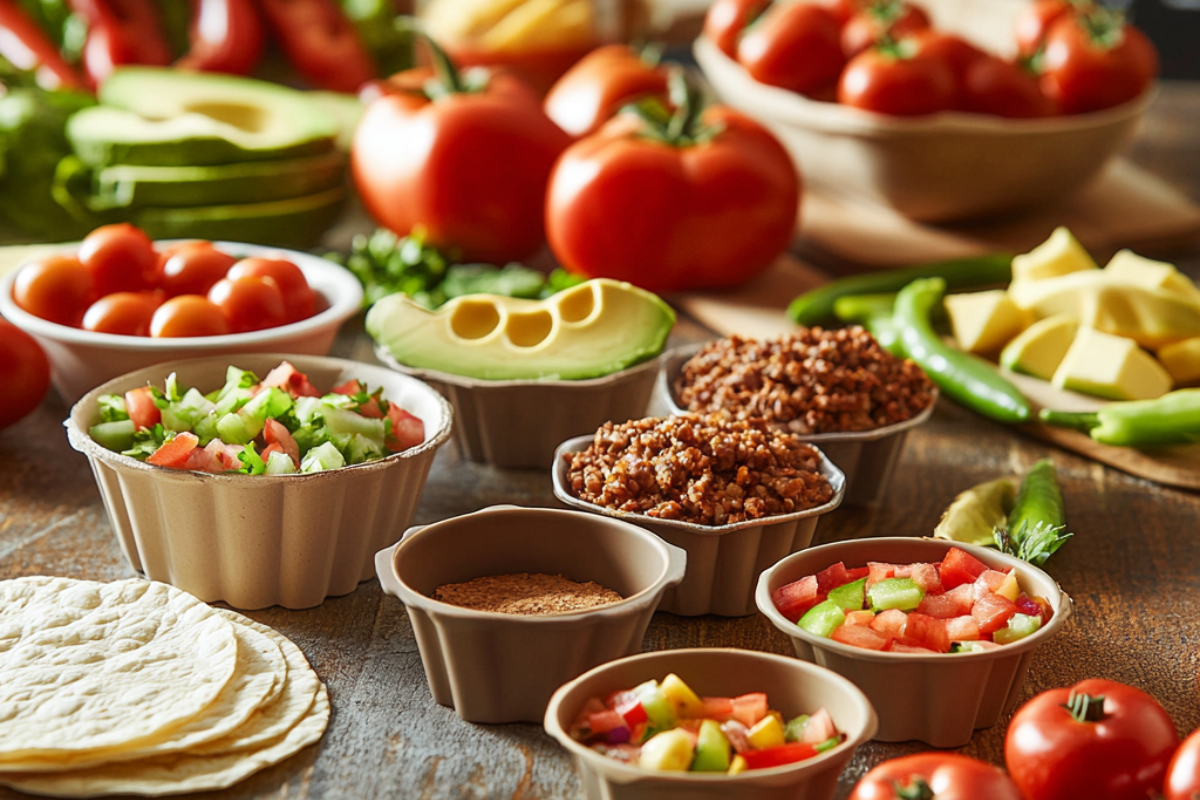 Close-up of taco salad bowl molds in metal, silicone, and ceramic materials surrounded by fresh ingredients