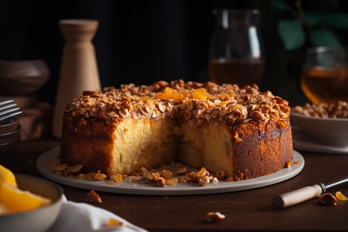 A golden crunch cake with caramel topping and crushed nuts, sliced to show its soft interior.