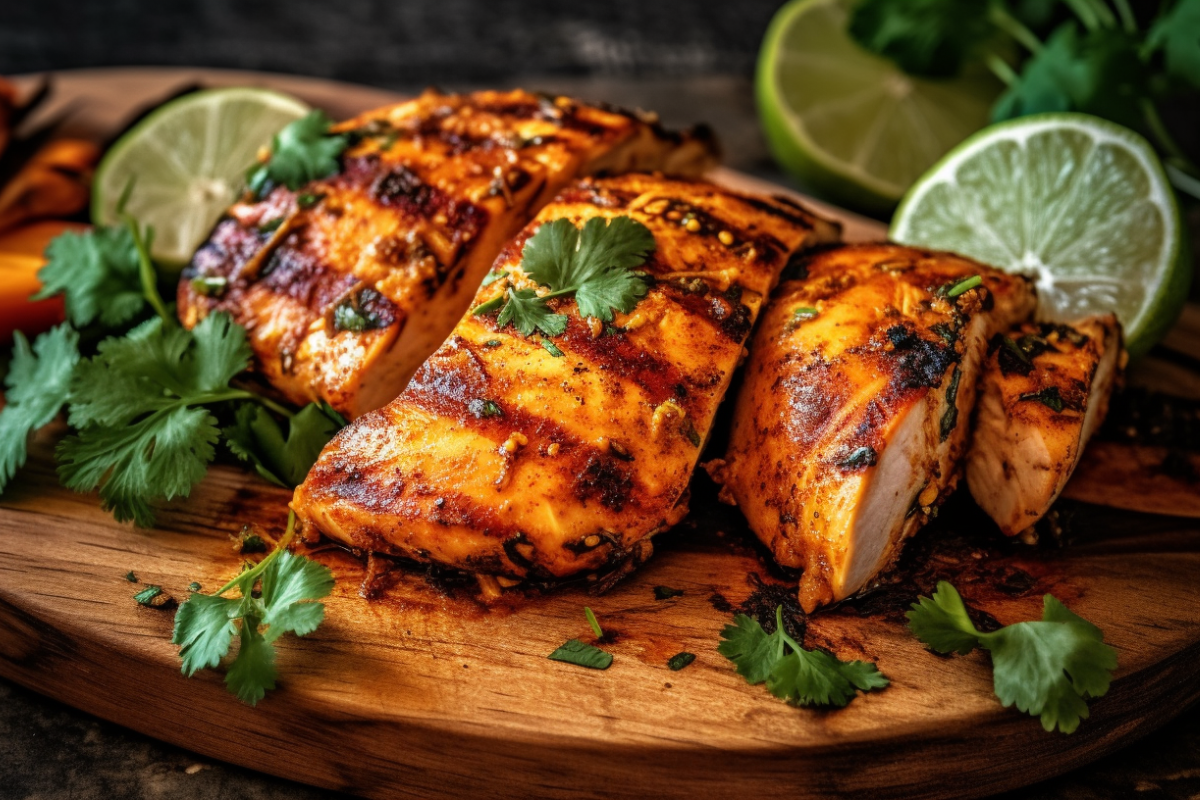 Grilled pollo asado marinated in spices, garnished with lime and cilantro on a rustic wooden platter.