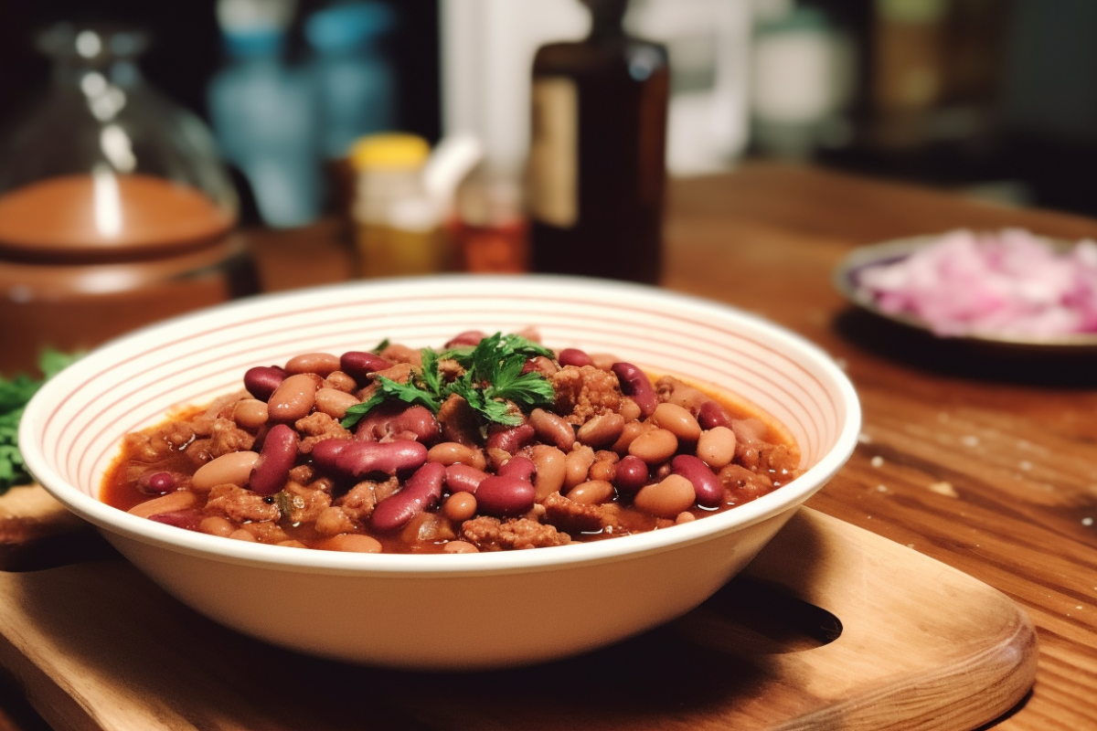 A rustic bowl of colorful calico beans with ground meat and rich sauce on a wooden table.