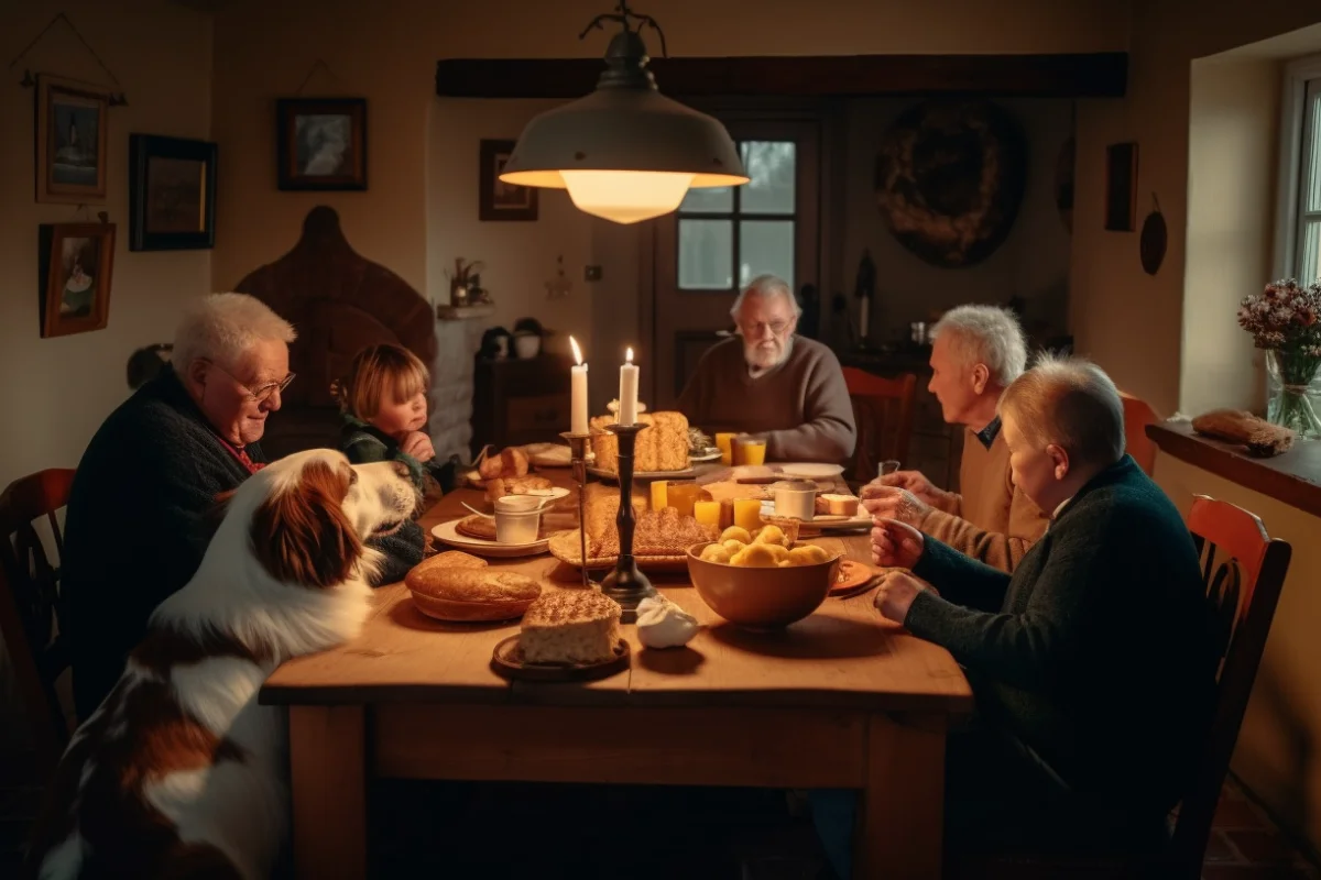 Spotted Dog bread as part of an Irish family gathering, surrounded by traditional foods.