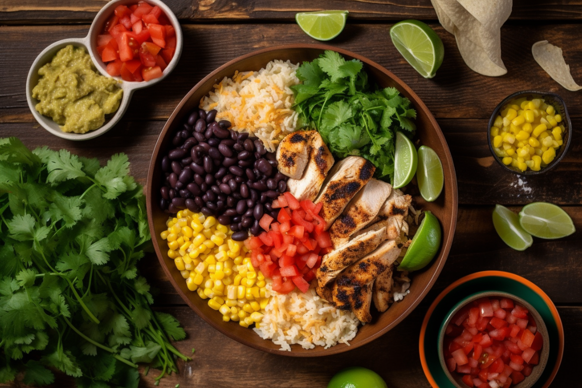 Top-down view of fresh taco bowl ingredients arranged on a wooden table