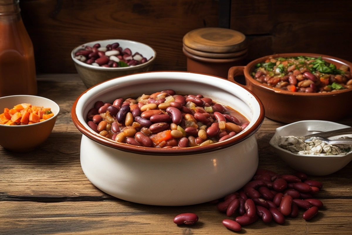 A rustic ceramic bowl filled with calico beans, including kidney and pinto beans, served on a wooden table with fresh ingredients and seasonings in the background.