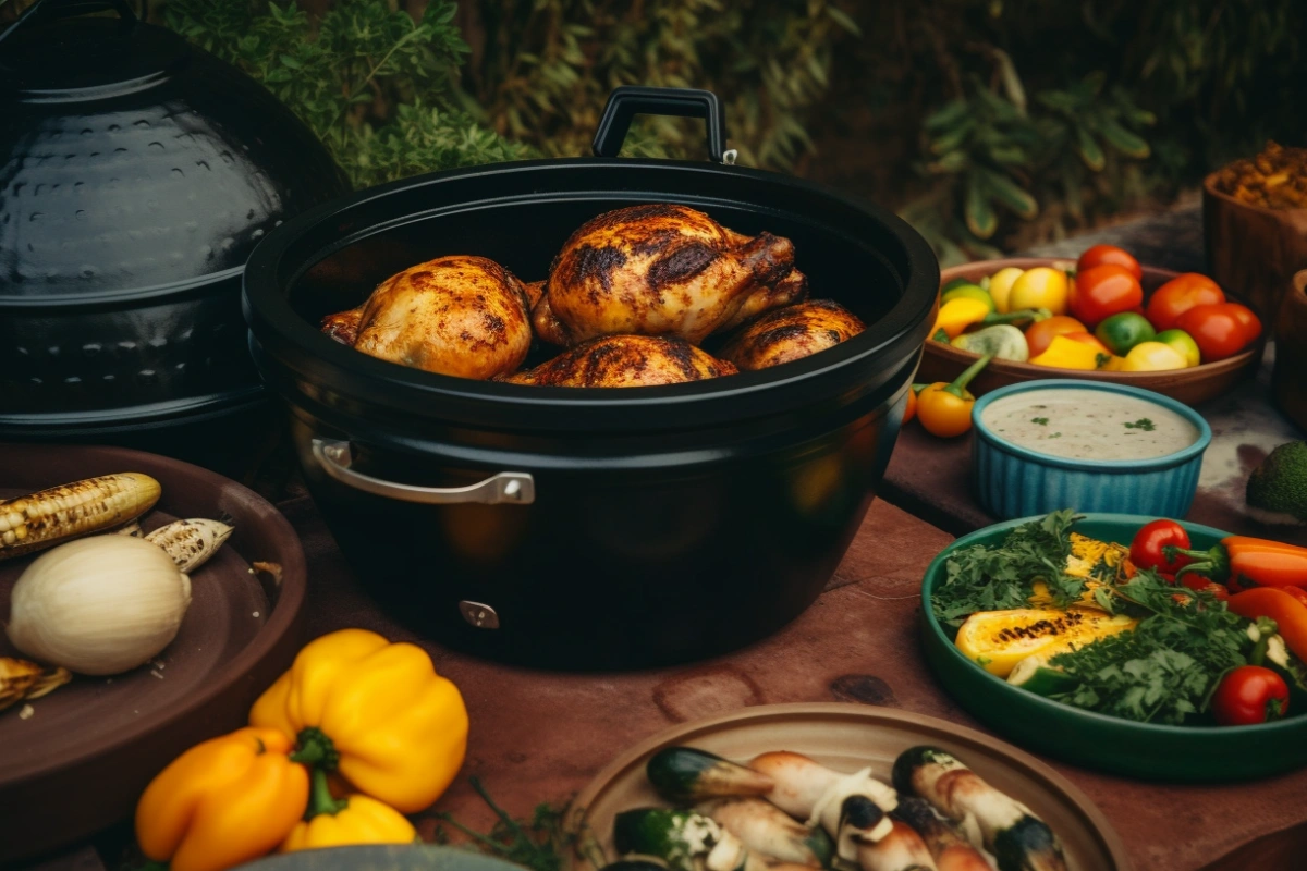 Roasted Pollo Asado chickens in a black pot, served with grilled corn, fresh peppers, and herbs, highlighting traditional outdoor cooking methods.