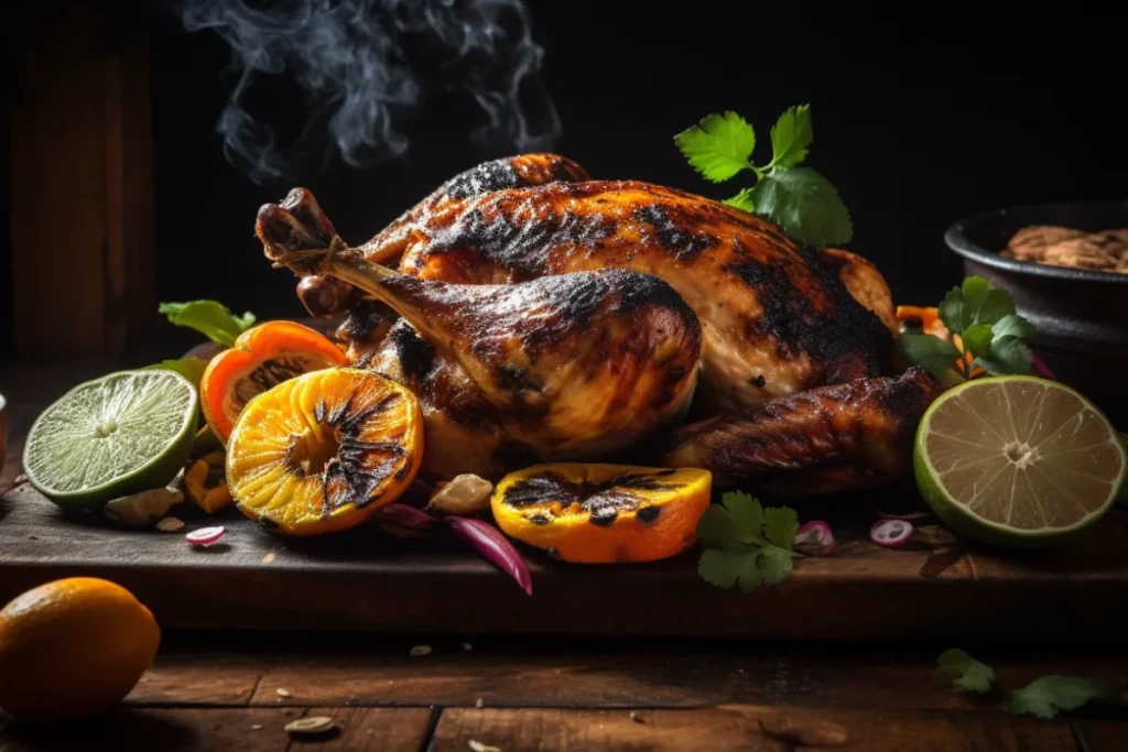 A perfectly grilled Pollo Asado surrounded by fresh lime, orange slices, and herbs, with smoke wafting in a rustic barbecue setup.