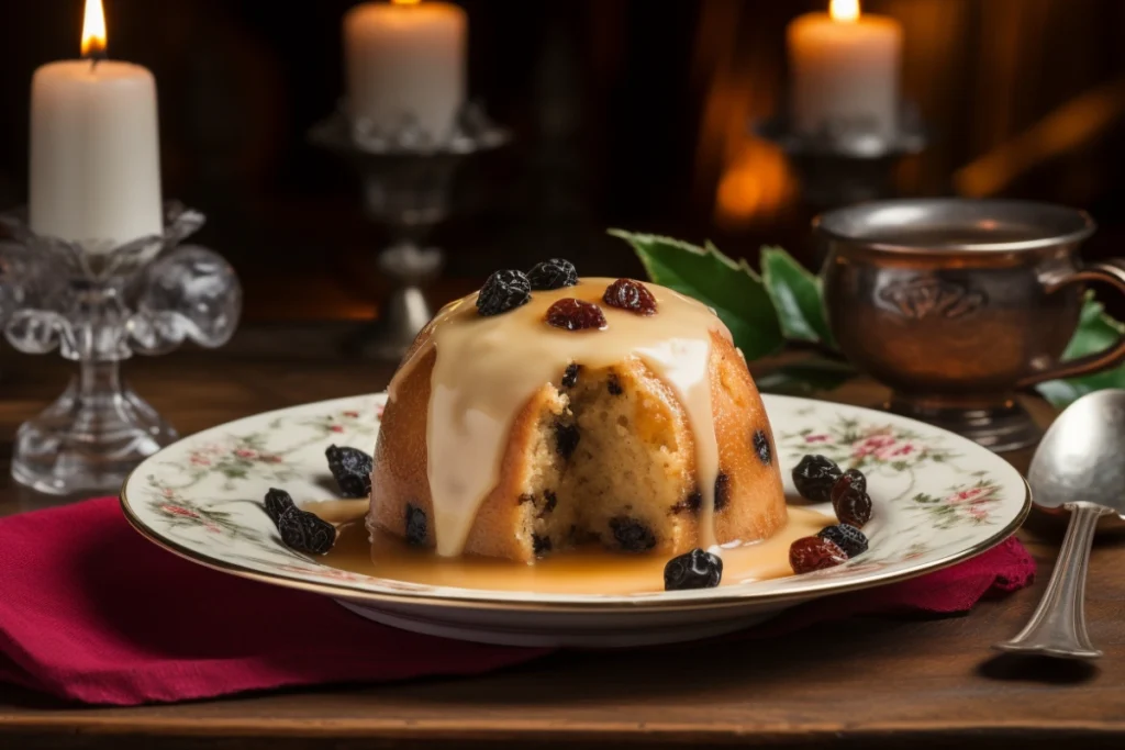 A traditional Spotted Dick pudding covered in warm vanilla custard, garnished with mint leaves, and served with tea on an elegant plate.