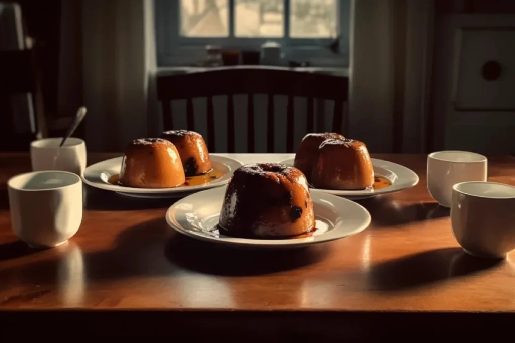 Four British steamed puddings on plates with tea cups on a wooden table in soft natural