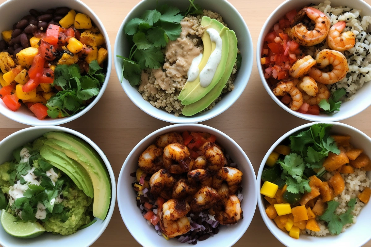 Three taco bowl variations featuring shrimp, chicken, and vegan options with vibrant toppings and bases.