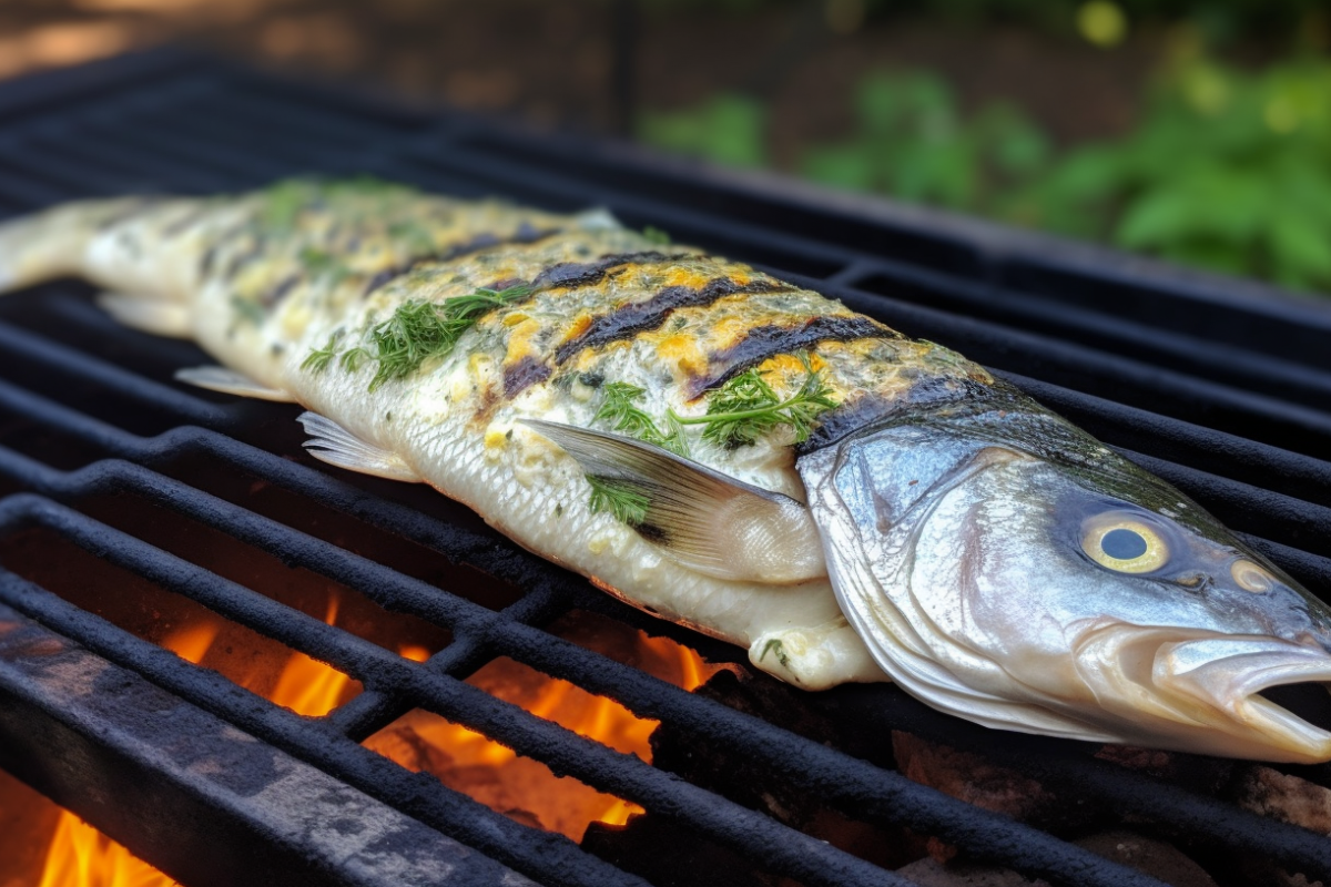 Whole grilled branzino stuffed with lemon and herbs on a grill.