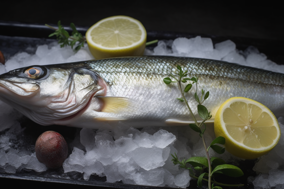 Fresh uncooked branzino on a bed of ice with lemon wedges and herbs.