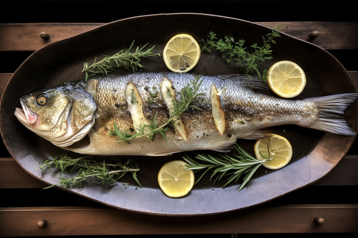 Chef's hands cleaning and filleting a branzino recipe fish with a knife