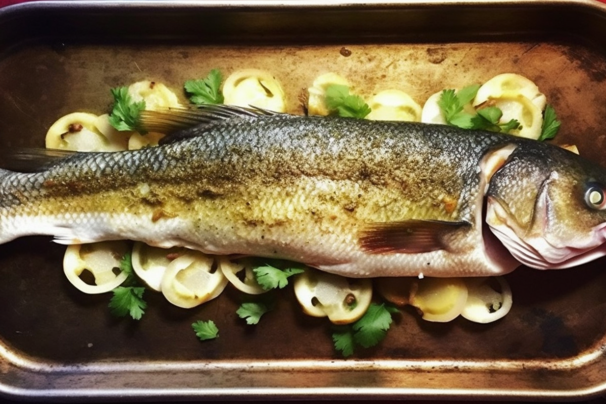 Branzino fillet with crispy skin cooking in a cast-iron skillet.