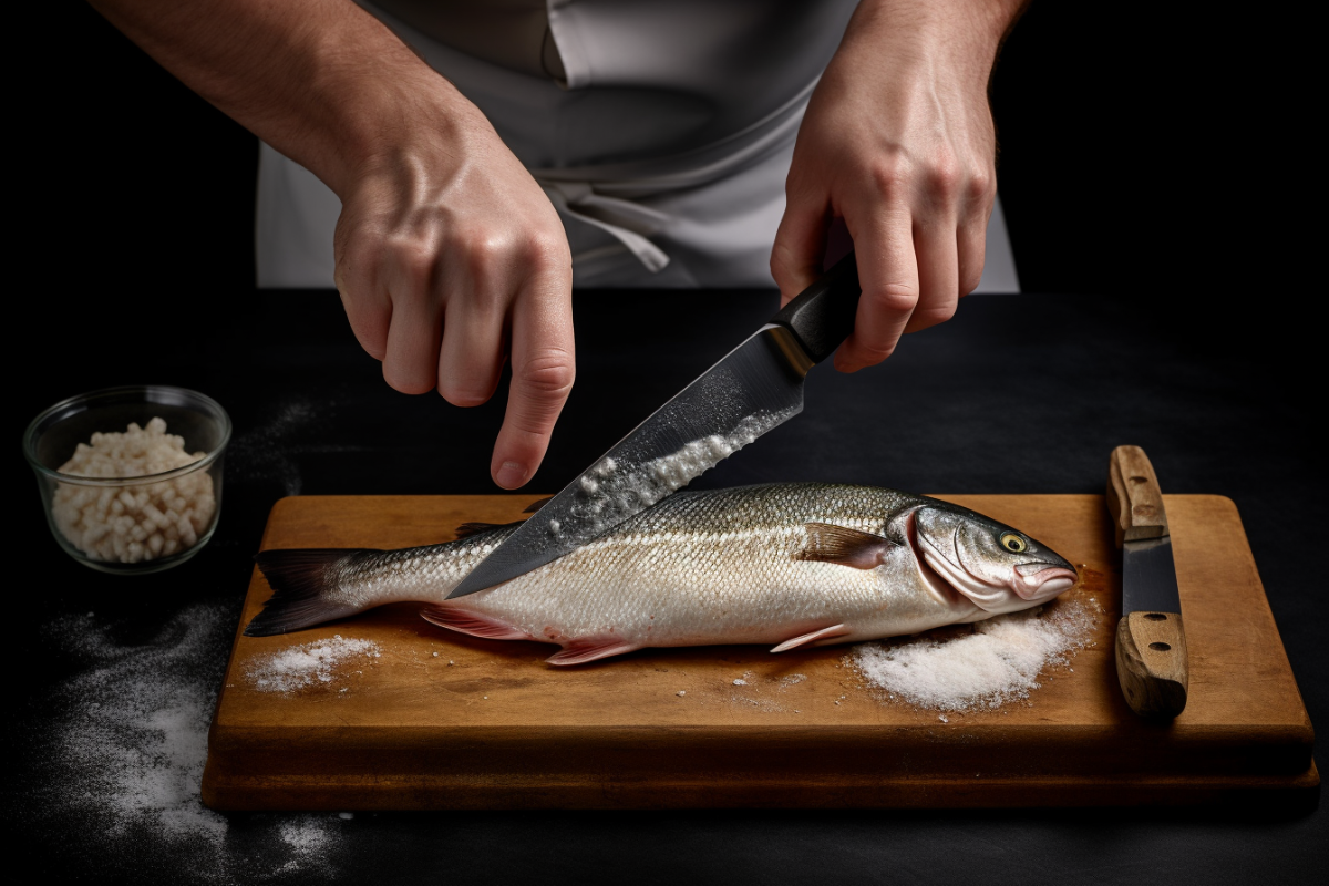 Chef's hands cleaning and filleting a branzino fish with a knife