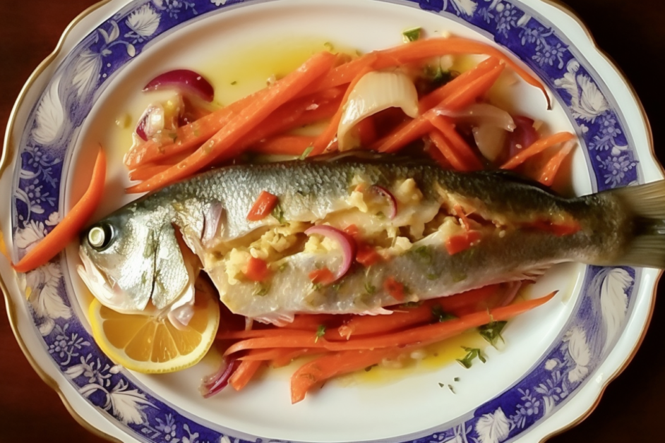 Baked branzino with garlic butter served with roasted vegetables on a plate.