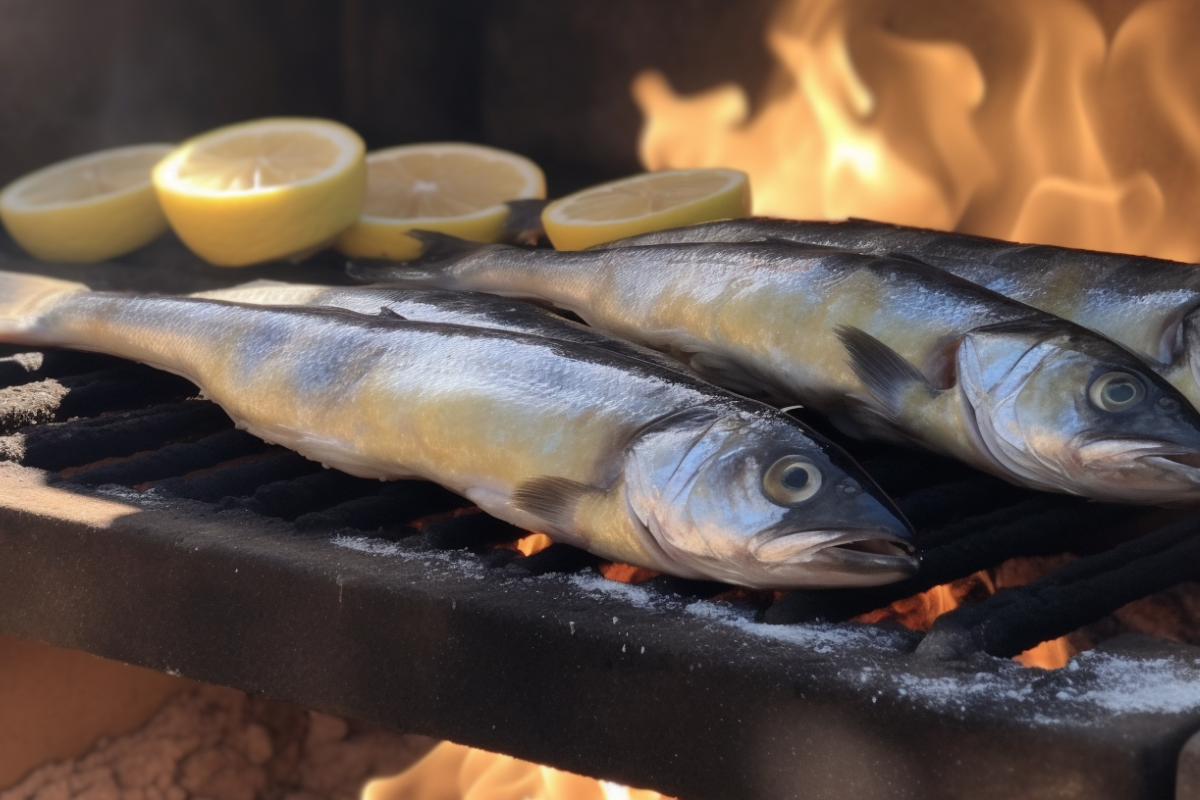 Branzino being grilled with visible grill marks and lemon slices.