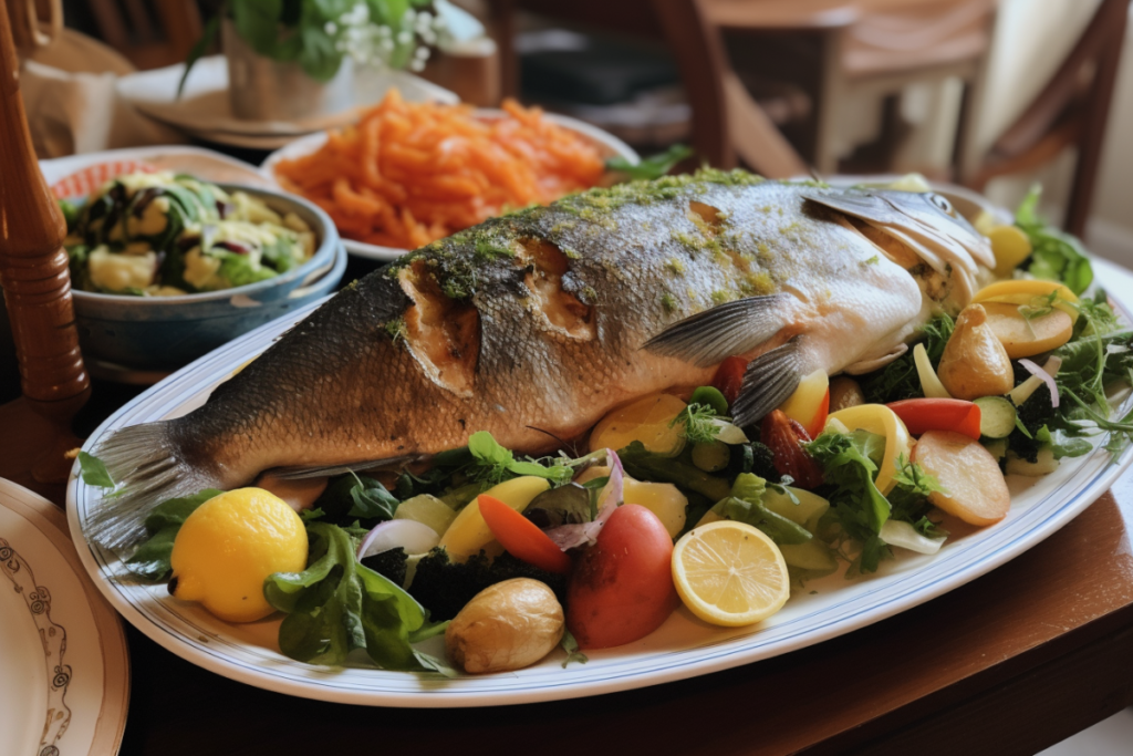 Cooked branzino on a dish surrounded by colorful side dishes like roasted vegetables and salad.