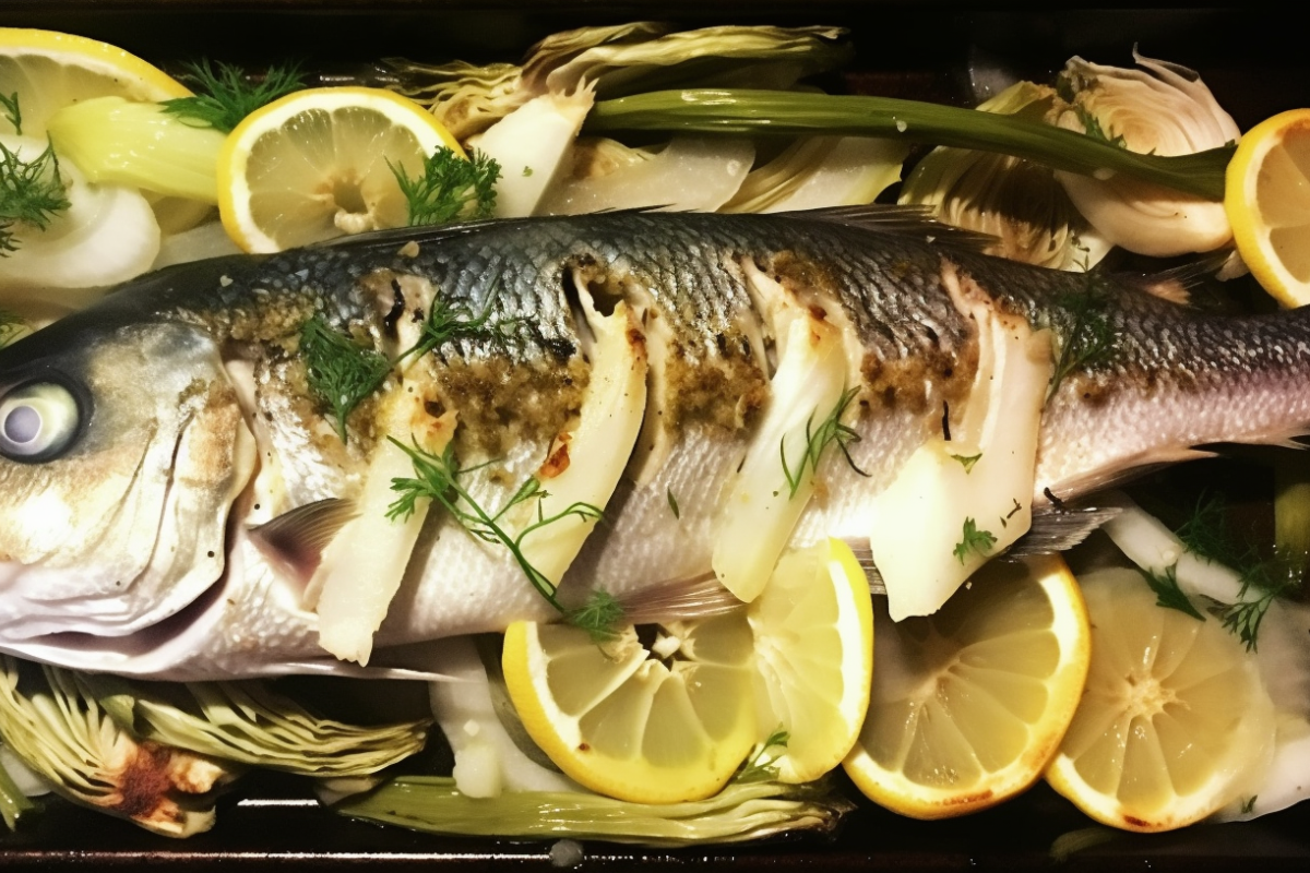 Branzino with crispy skin garnished with lemon and thyme, surrounded by roasted artichokes, fennel, and asparagus.