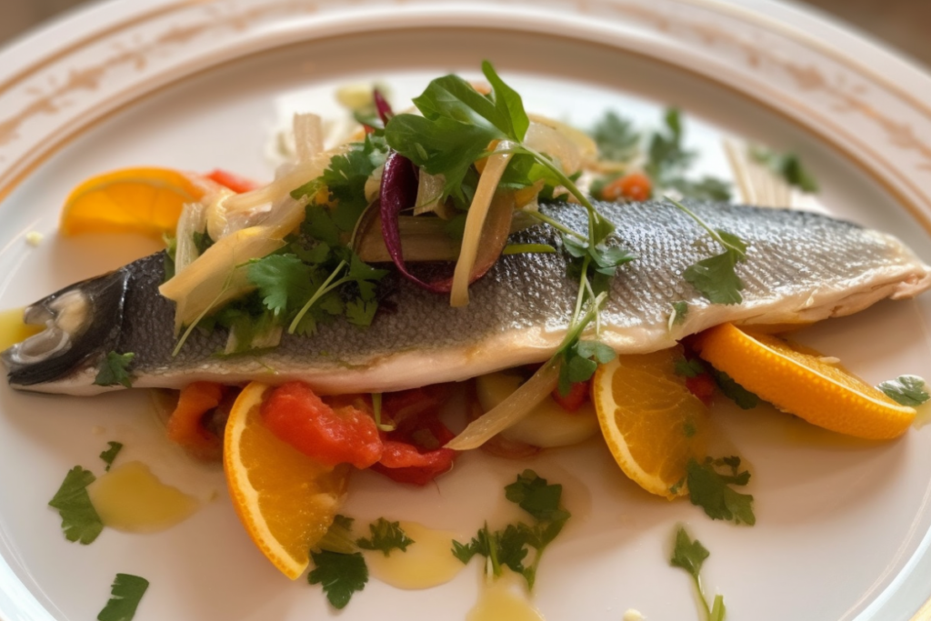 Plated branzino with roasted vegetables and lemon garnish.