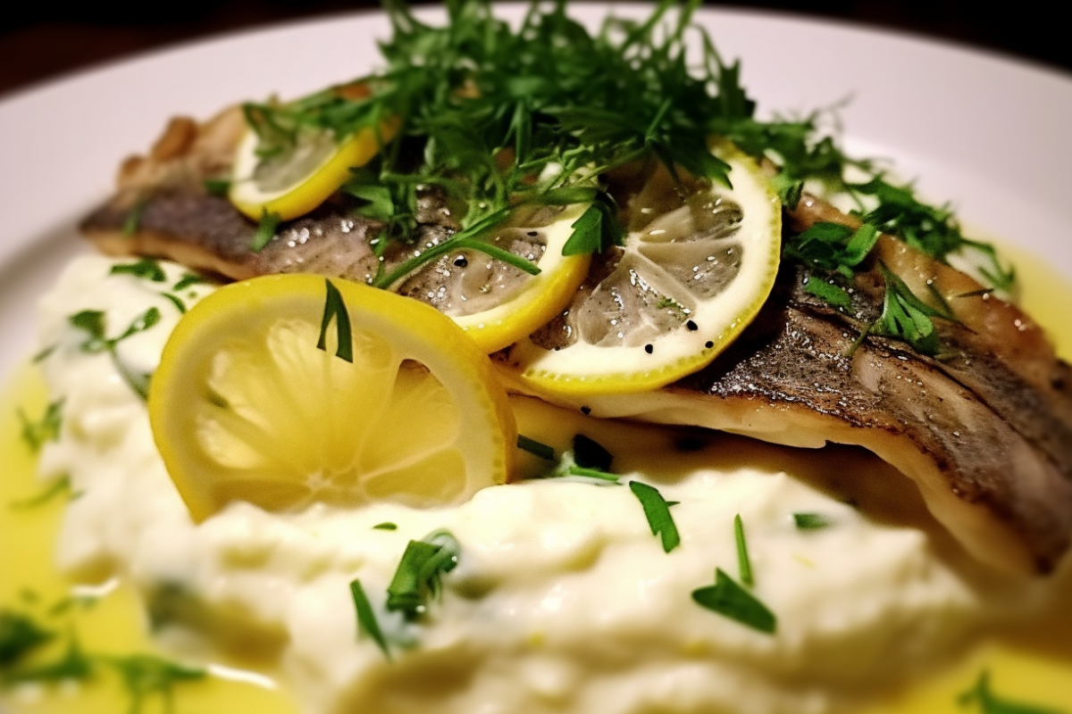 Pan-seared branzino with lemon butter sauce garnished with dill, served with mashed potatoes.