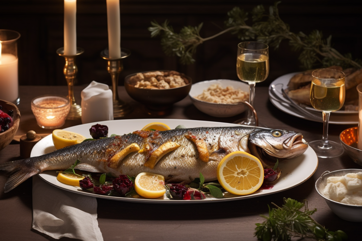 Whole branzino served family-style, garnished with lemon slices and fresh herbs, with roasted vegetables.