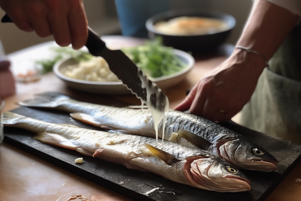 A person removing bones from a cooked branzino with a fork, showing the proper technique for eating branzino.