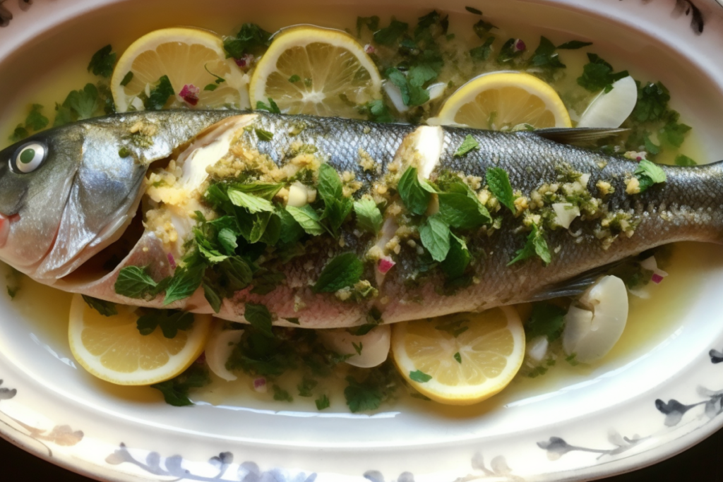 Elegantly plated branzino garnished with fresh herbs and drizzled with truffle oil, presented for a special occasion