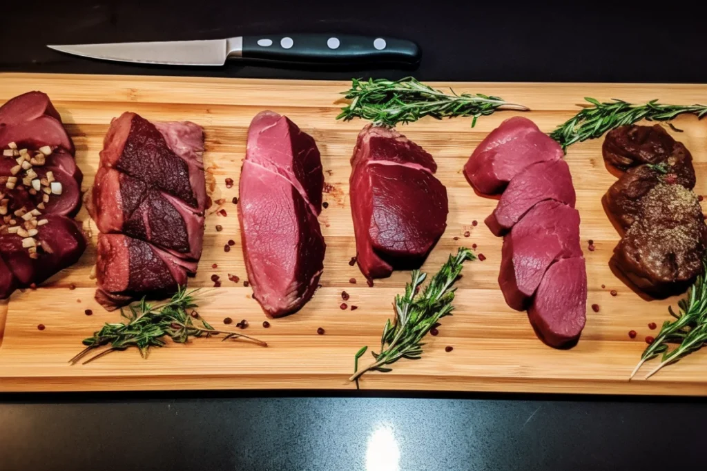 Three cuts of venison – loin, haunch, and shoulder – on a butcher's board with herbs and a chef's knife.