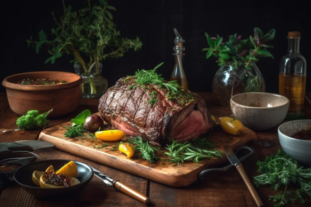 A venison roast styled with soaking solutions and fresh herbs on a rustic table.