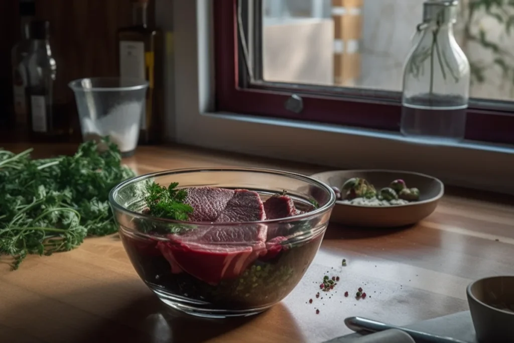 Venison soaking in buttermilk with spices and herbs in a kitchen setting.