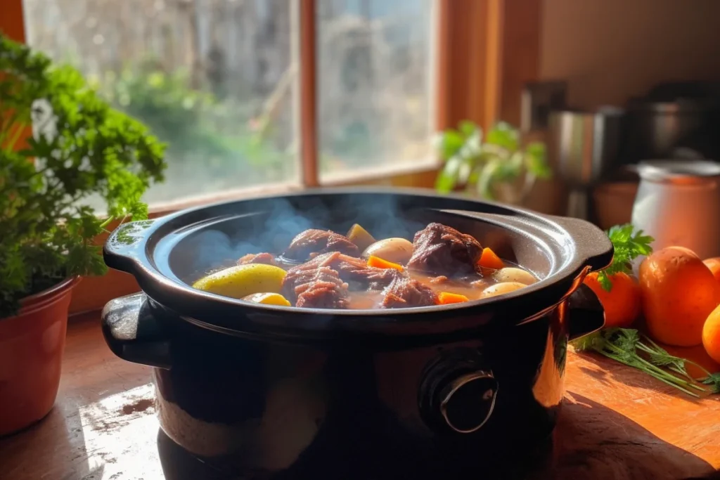 A slow cooker with tender venison stew, highlighting the vegetables and steam rising from the pot.