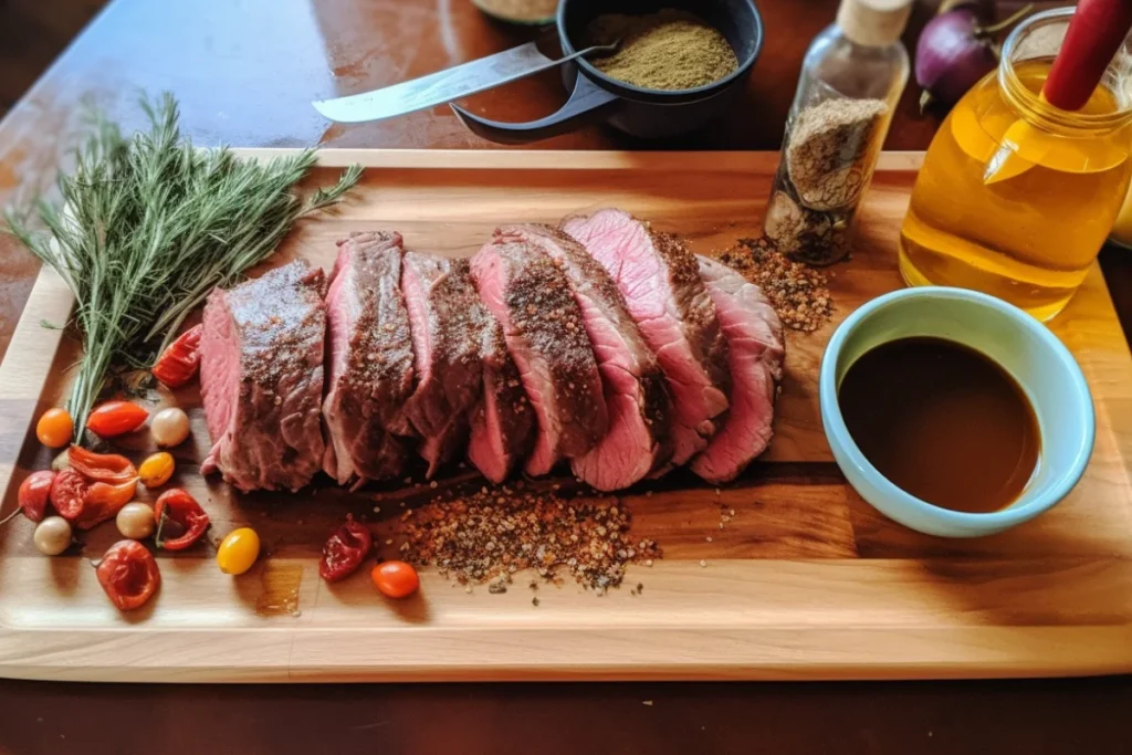 Venison marinating in a vinegar-based solution with garlic and herbs.