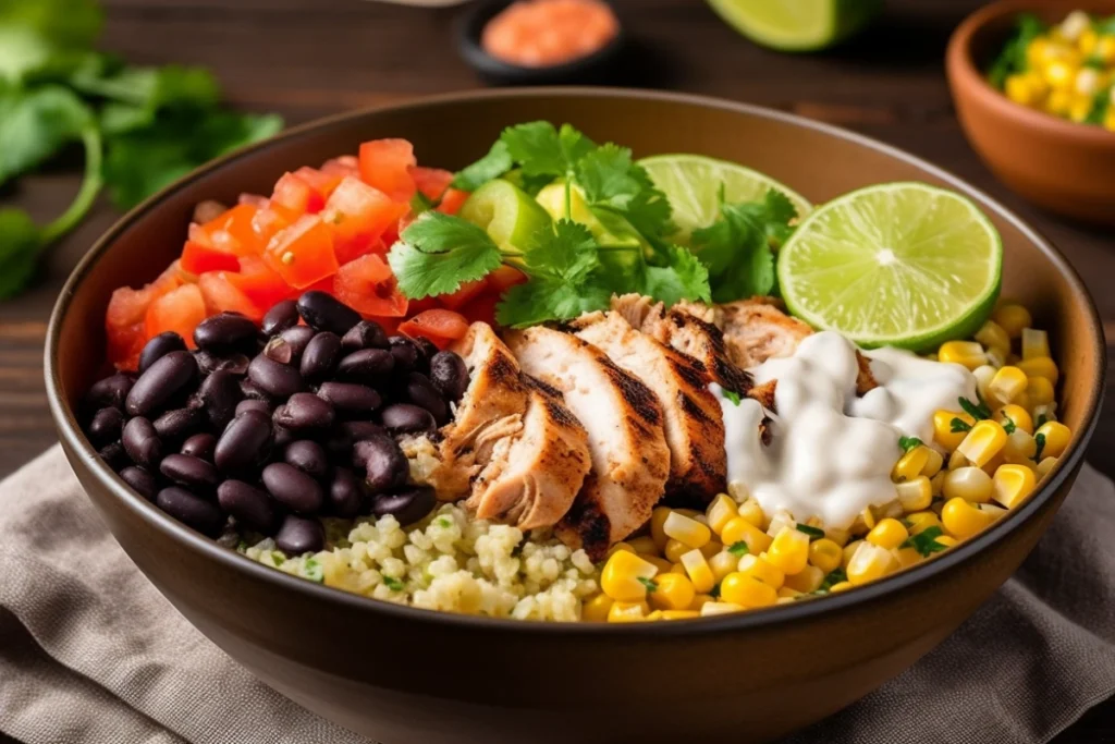 A colorful taco bowl with cilantro lime rice, grilled chicken, beans, and fresh toppings on a rustic wooden table.